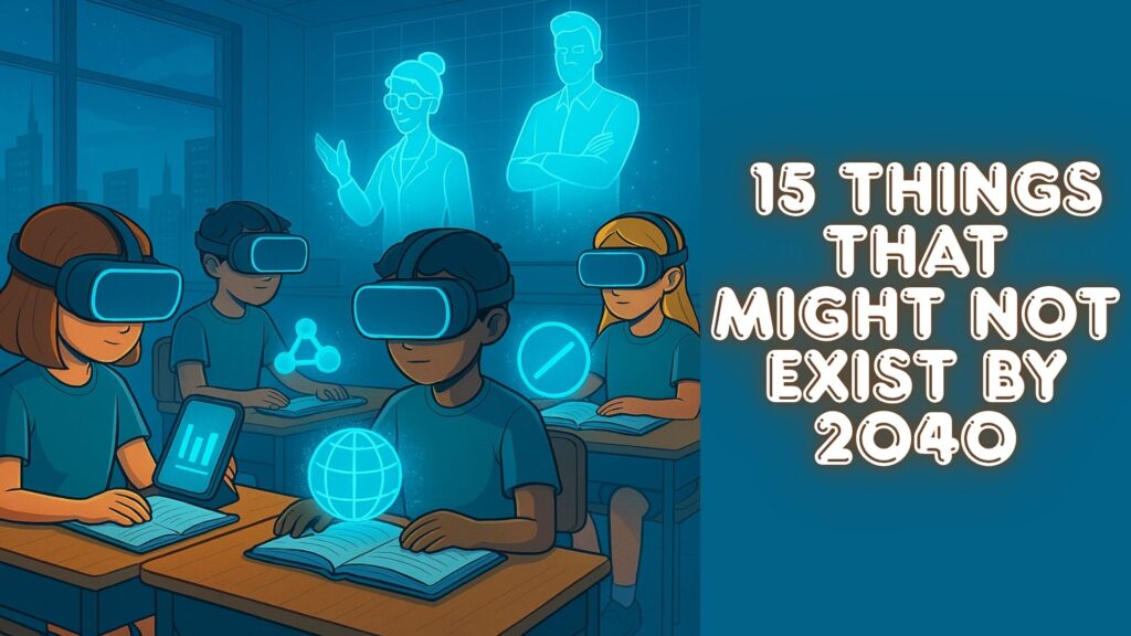 Kids studying in a virtual classroom with VR headsets and holographic