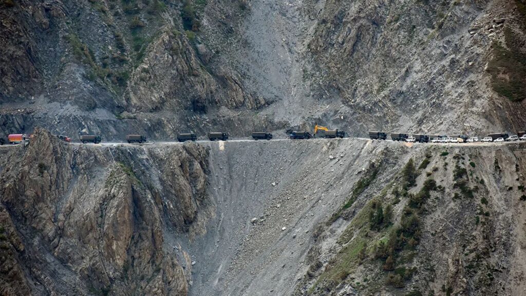 Indian army vehicles move at Zojila Pass, India