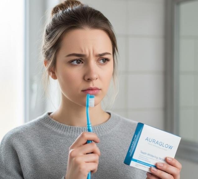 Girl holding toothbrush and whitening strips