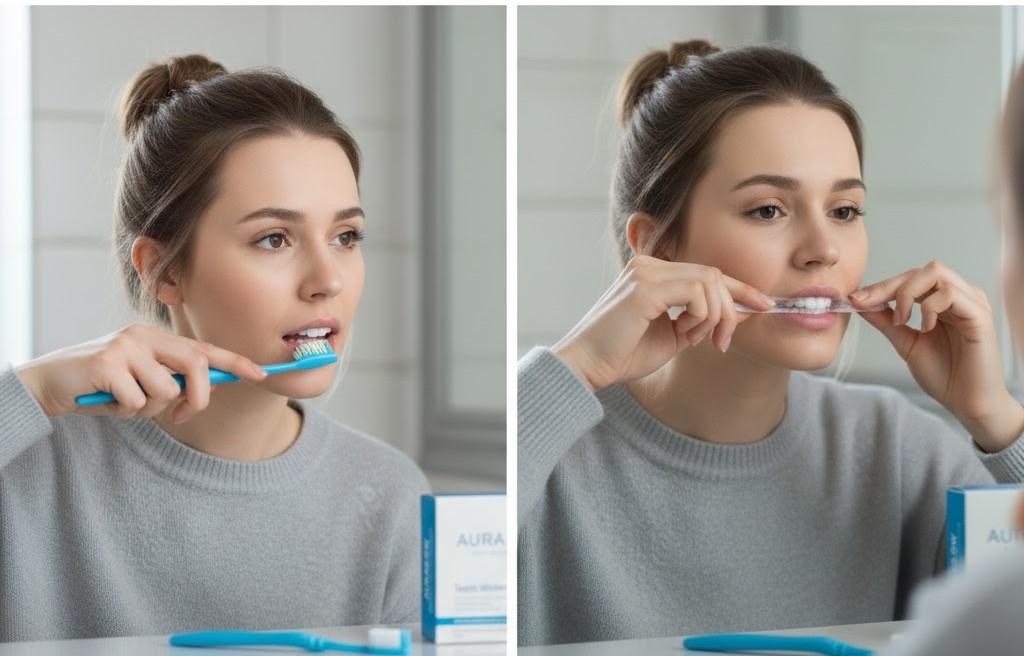girl brushing teeth and applying strip