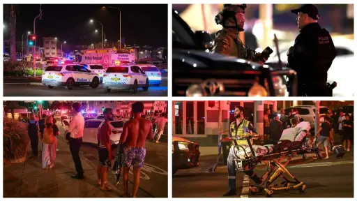 images emerge from Bondi Beach, showing police and emergency teams responding to  shooting