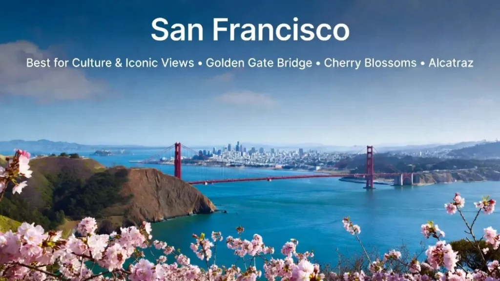 San Francisco California spring break destination featuring the Golden Gate Bridge on a clear sunny spring day with green hills