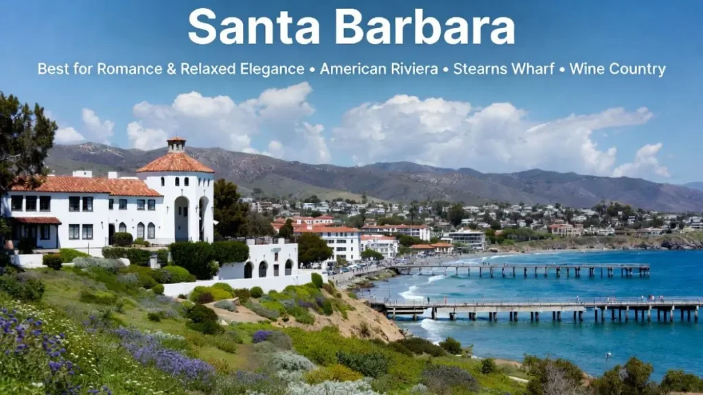Santa Barbara California spring break destination known as the American Riviera with white Spanish buildings, red tile roofs, Stearns Wharf