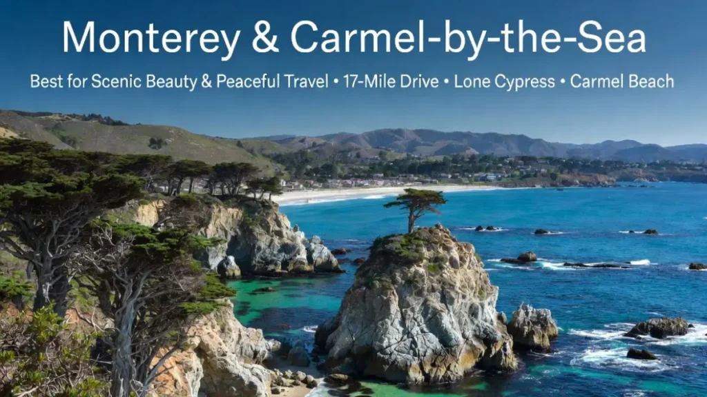 Monterey and Carmel-by-the-Sea California featuring the iconic Lone Cypress on 17-Mile Drive, rugged Pacific coastline