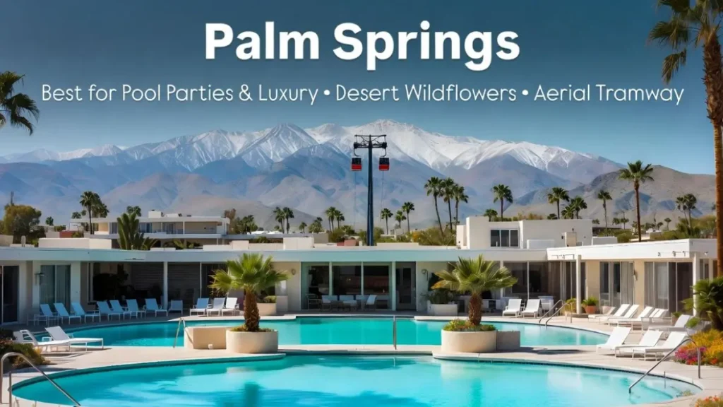 Palm Springs California spring break luxury destination with turquoise pools, mid-century modern architecture, blooming desert wildflowers