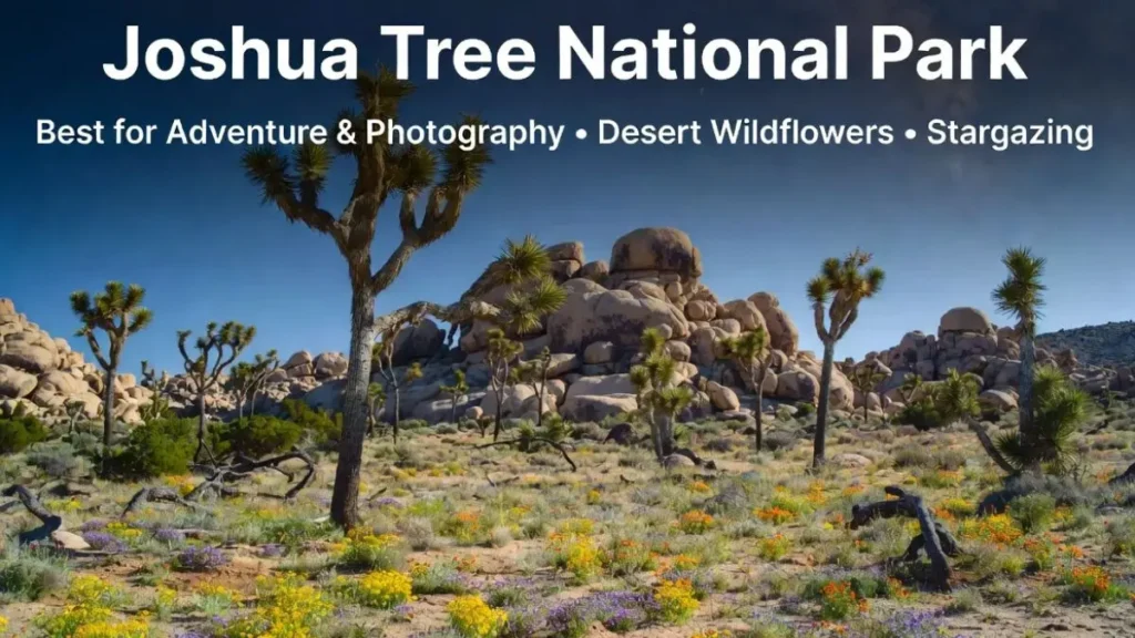 Joshua Tree National Park in spring with blooming wildflowers, iconic twisted Joshua trees, giant boulder formations in the Mojave Desert