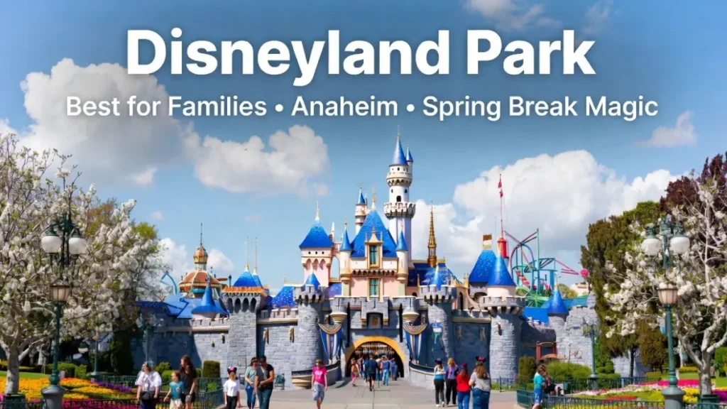 Disneyland Park in Anaheim California during spring break – iconic Sleeping Beauty Castle with colorful spring flowers, happy families