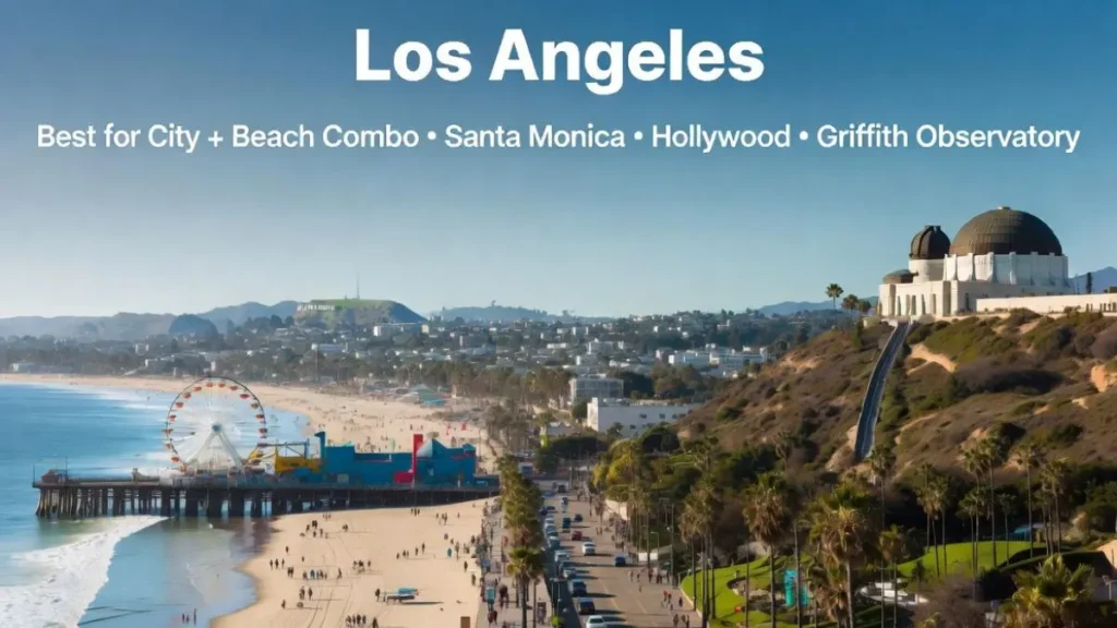 Los Angeles California spring break destination showing Santa Monica Pier, Venice Beach boardwalk, Hollywood Sign
