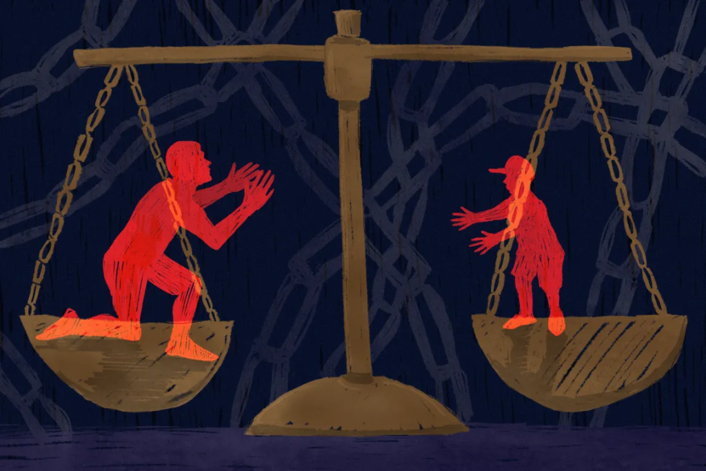Scales of justice illustration – Represents the balance (and tension) in immigration/asylum cases