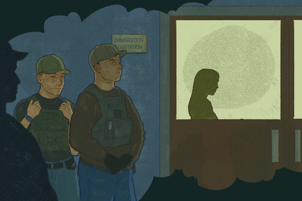 Immigration enforcement scene – Symbolic depiction involving agents and courtroom (useful for the broader purge and policy context)